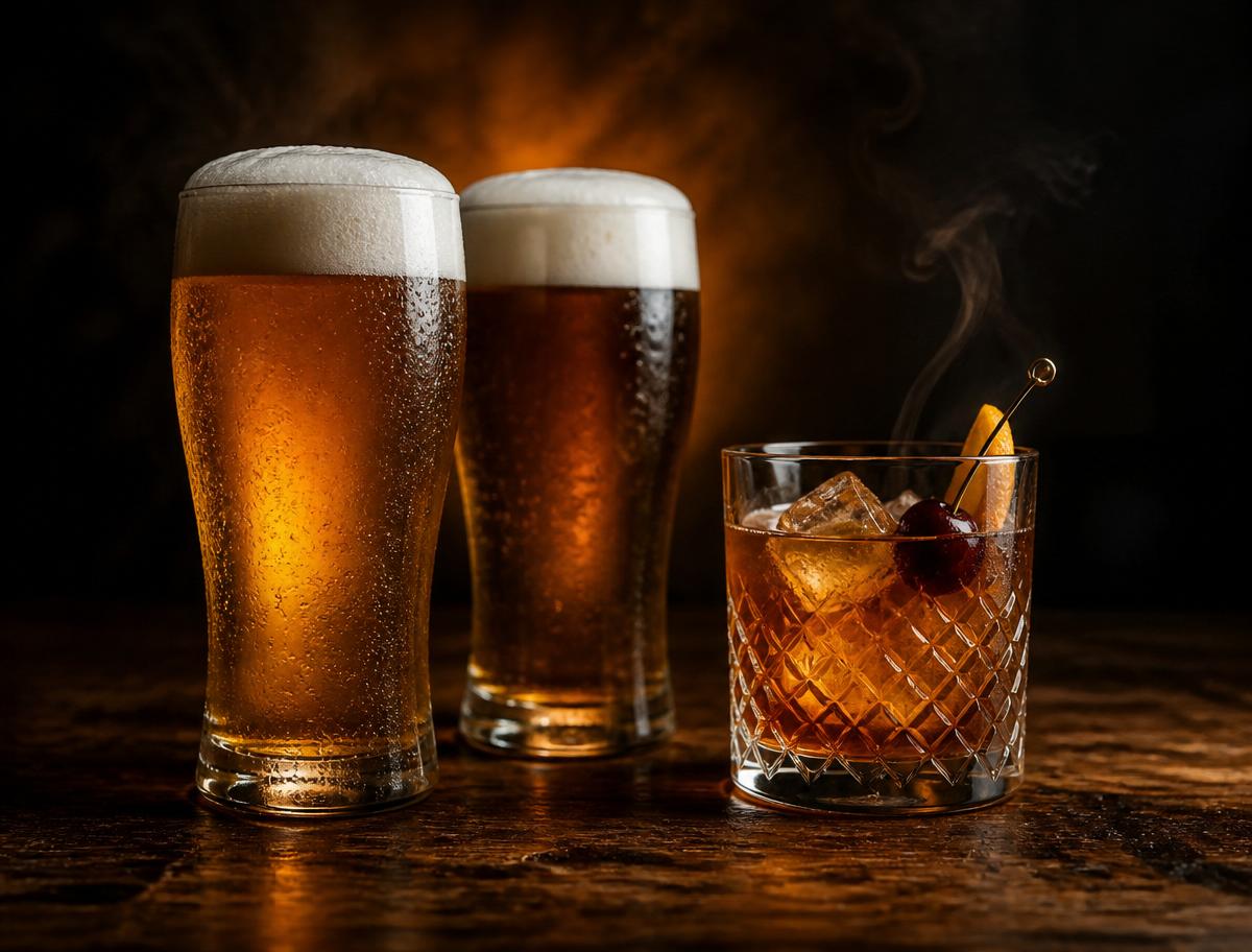 Cold beers and a whiskey cocktail on the bar