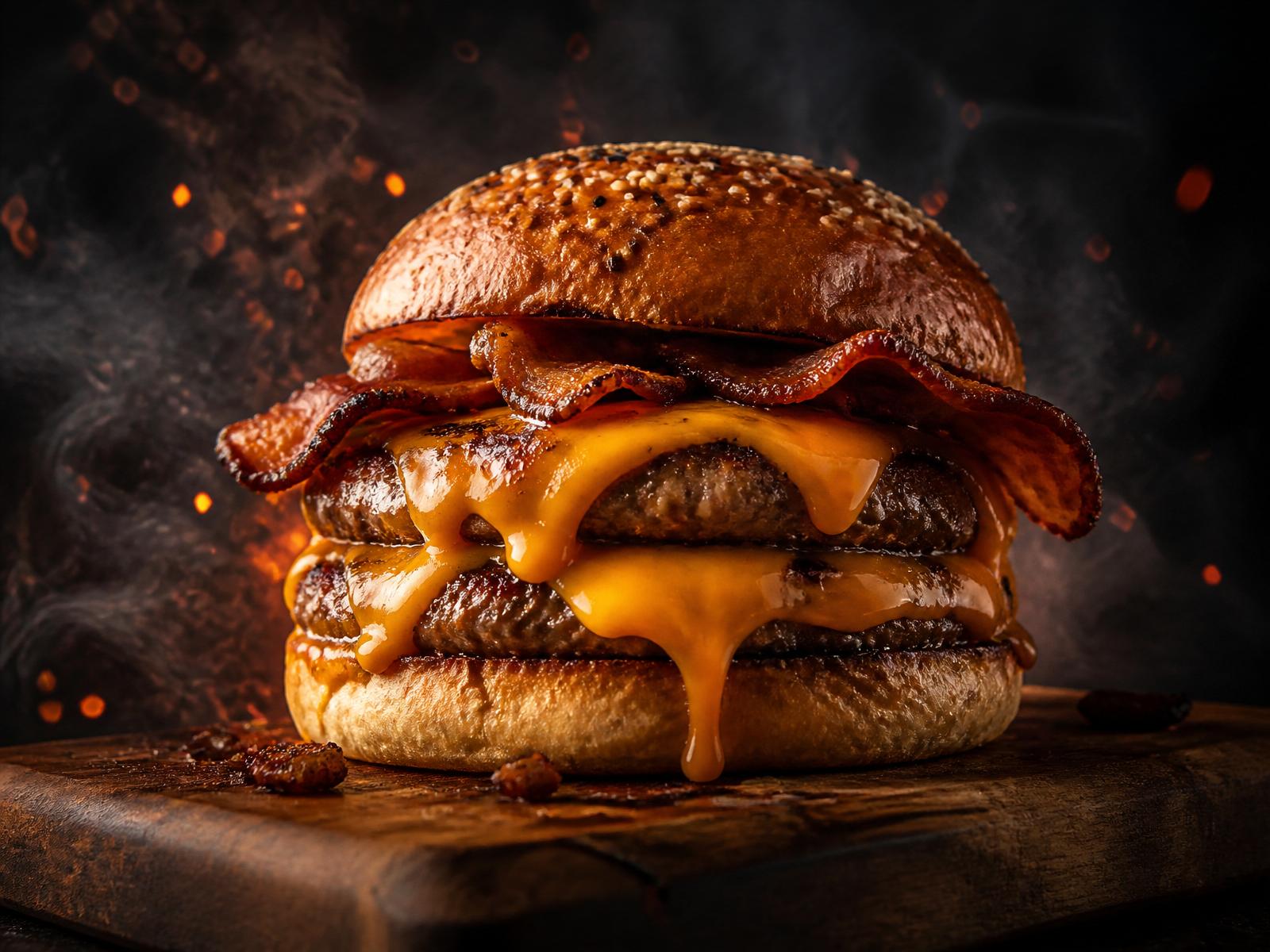 Smokey bacon cheddar burger with melted cheese on a wooden board