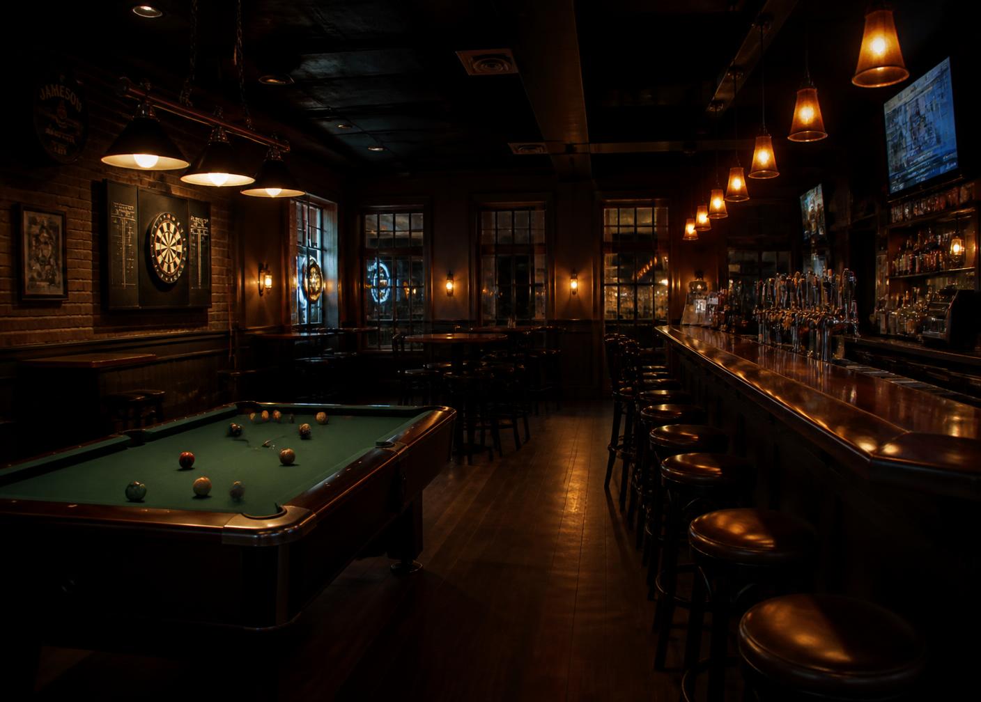 Interior of Smokey Joe's with pool table, dart board and a full bar